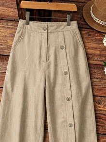 SHEIN Rice Apricot High-Waisted Wide-Leg Pants, Selected Textured Fabric, Lightweight And Breathable. Unique Side Button Design Breaks Monotony, Sleek Lines Shape The Legs, Strong Drape, Hides Flesh And Slimming Effect. Simple And Versatile Style, Suitable For Pairing With T-Shirts Or Shirts, Easily Wear A Slouchy Vibe For Daily Commute Or Casual Outings. - Apricot - View 6
