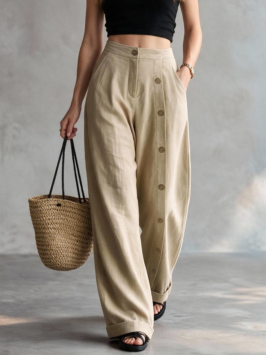 SHEIN Rice Apricot High-Waisted Wide-Leg Pants, Selected Textured Fabric, Lightweight And Breathable. Unique Side Button Design Breaks Monotony, Sleek Lines Shape The Legs, Strong Drape, Hides Flesh And Slimming Effect. Simple And Versatile Style, Suitable For Pairing With T-Shirts Or Shirts, Easily Wear A Slouchy Vibe For Daily Commute Or Casual Outings. - Apricot - View 1