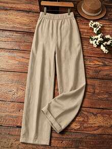SHEIN Rice Apricot High-Waisted Wide-Leg Pants, Selected Textured Fabric, Lightweight And Breathable. Unique Side Button Design Breaks Monotony, Sleek Lines Shape The Legs, Strong Drape, Hides Flesh And Slimming Effect. Simple And Versatile Style, Suitable For Pairing With T-Shirts Or Shirts, Easily Wear A Slouchy Vibe For Daily Commute Or Casual Outings. - Apricot - View 2