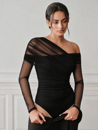 Anewsta Body de mujer de manga larga con un hombro, fruncido, elástico y de malla, elegante, casual, para citas, salidas, fiestas y vacaciones, nuevo para otoño/invierno