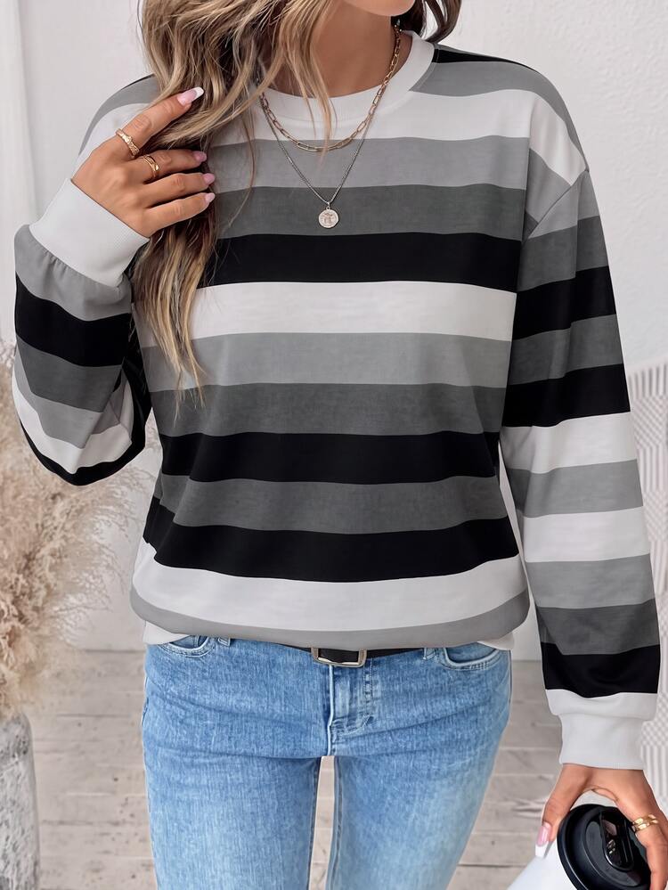 SHEIN LUNE Women's Korean Style Striped Print Colorblock Long Sleeve Sweatshirt - White - View 3