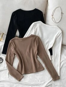 Tween Girl Tween Girl Autumn/Winter Casual Basic Minimalist Button-Front Sporty Streetwear Knit Solid Color Crew Neck Long Sleeve Tops 3pcs Set Black Coffee Brown Beige Randomly Sent 3pcs - Multicolor - View 3