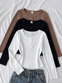 Tween Girl Tween Girl Autumn/Winter Casual Basic Minimalist Button-Front Sporty Streetwear Knit Solid Color Crew Neck Long Sleeve Tops 3pcs Set Black Coffee Brown Beige Randomly Sent 3pcs - Multicolor - View 6