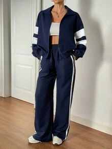 SHEIN Tall 女款秋季休閒街頭風健身海軍藍配色兩件套，立領拉鍊長袖外套＋直筒寬腿長褲，適合旅行 - 藏蓝色 - 查看 9
