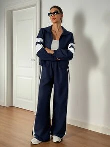 SHEIN Tall 女款秋季休閒街頭風健身海軍藍配色兩件套，立領拉鍊長袖外套＋直筒寬腿長褲，適合旅行 - 藏蓝色 - 查看 4