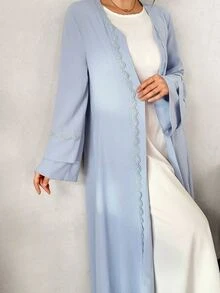 Yasmyna Women's Solid Color Contrast Lace Long Sleeve Elegant Arabic Abaya - Blue - View 7