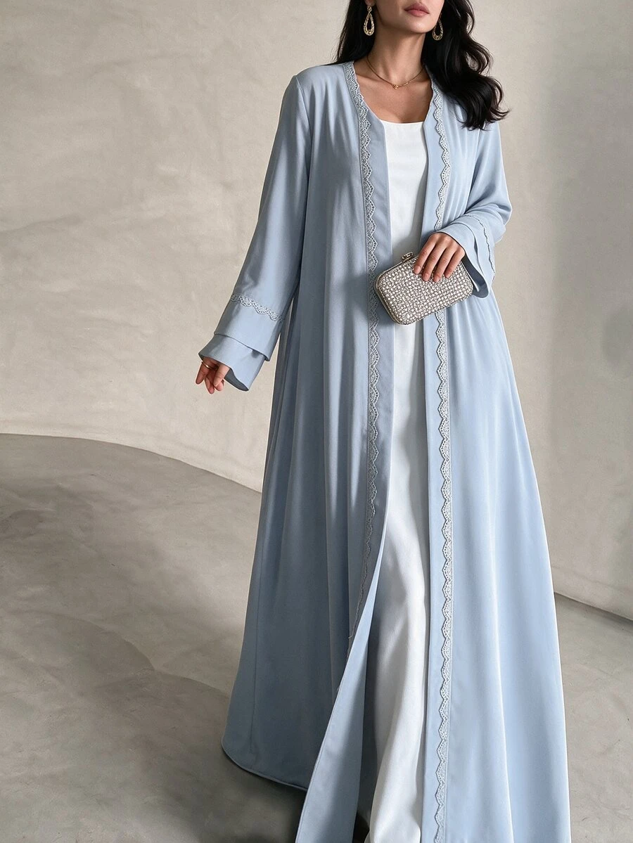 Yasmyna Women's Solid Color Contrast Lace Long Sleeve Elegant Arabic Abaya - Blue - View 1
