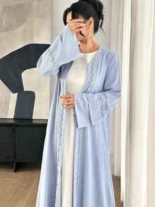 Yasmyna Women's Solid Color Contrast Lace Long Sleeve Elegant Arabic Abaya - Blue - View 8