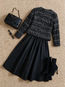 Grovea Plus Size Women's Elegant Commuter Party Office Round Neck Sleeveless Dress And Plaid Jacket 2 Pieces Set Fall Black - Black - View 8