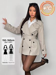 SHEIN PETITE Stylish, Loose-Fitting Khaki Trench Coat For Petite Women-Suitable For Commuting And Casual Wear. - Khaki - View 1
