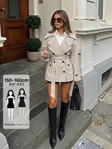 SHEIN PETITE Stylish, Loose-Fitting Khaki Trench Coat For Petite Women-Suitable For Commuting And Casual Wear. - Khaki - View 10