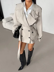 SHEIN PETITE Stylish, Loose-Fitting Khaki Trench Coat For Petite Women-Suitable For Commuting And Casual Wear. - Khaki - View 7