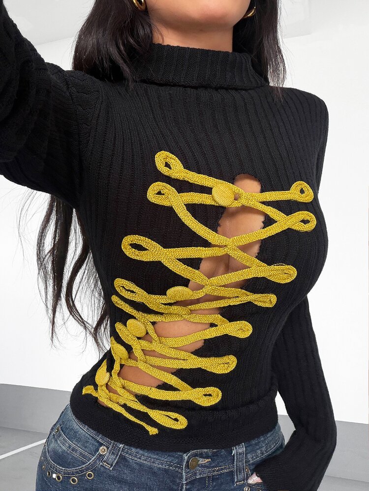 SHEIN ICON Women's French Chic Contrast Color Ribbon Long Sleeve Sweater - Black - View 1