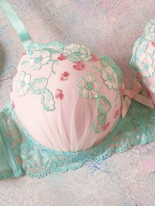 Elorette 2pcs Mint Green Underwire Molded Cup High Support Push Up Lift Floral Embroidery Balconette Comfy Plus Size Bra Set - Mint Green - View 4