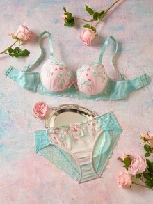 Elorette 2pcs Mint Green Underwire Molded Cup High Support Push Up Lift Floral Embroidery Balconette Comfy Plus Size Bra Set - Mint Green - View 5