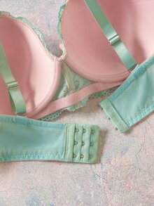 Elorette 2pcs Mint Green Underwire Molded Cup High Support Push Up Lift Floral Embroidery Balconette Comfy Plus Size Bra Set - Mint Green - View 3