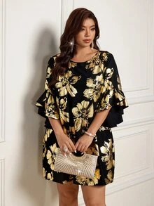 Femmeverse Đầm nữ size lớn dáng rộng cổ tròn tay cánh hoa in foil - Nhiều màu - Xem 5