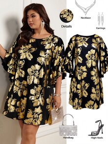 Femmeverse Đầm nữ size lớn dáng rộng cổ tròn tay cánh hoa in foil - Nhiều màu - Xem 1