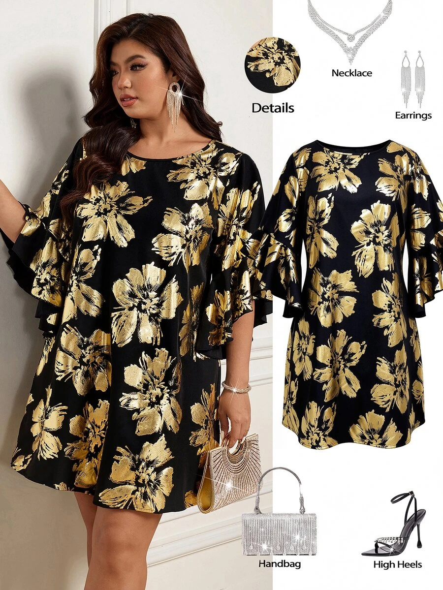 Femmeverse Đầm nữ size lớn dáng rộng cổ tròn tay cánh hoa in foil - Nhiều màu - Xem 1