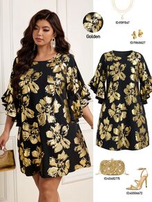 Femmeverse Đầm nữ size lớn dáng rộng cổ tròn tay cánh hoa in foil - Nhiều màu - Xem 8