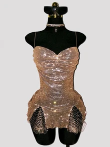 SHEIN DivaQ Women's Party Mini Dress, Sexy Sheer Glitter, Perfect For Bar Party Club Wear - Champagne - View 3