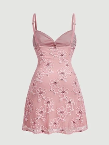 SHEIN MOD Plus Size Elegant Women's Pale Pink A-Line Mini Dress, Spaghetti Strap Design, Decorated With Exquisite Floral Embroidery, Suitable For Parties, Holidays, Evenings - Pink - View 3