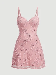 SHEIN MOD Plus Size Elegant Women's Pale Pink A-Line Mini Dress, Spaghetti Strap Design, Decorated With Exquisite Floral Embroidery, Suitable For Parties, Holidays, Evenings - Pink - View 2