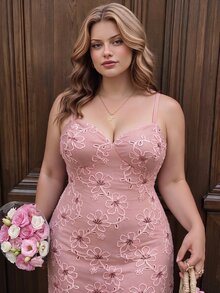 SHEIN MOD Plus Size Elegant Women's Pale Pink A-Line Mini Dress, Spaghetti Strap Design, Decorated With Exquisite Floral Embroidery, Suitable For Parties, Holidays, Evenings - Pink - View 7