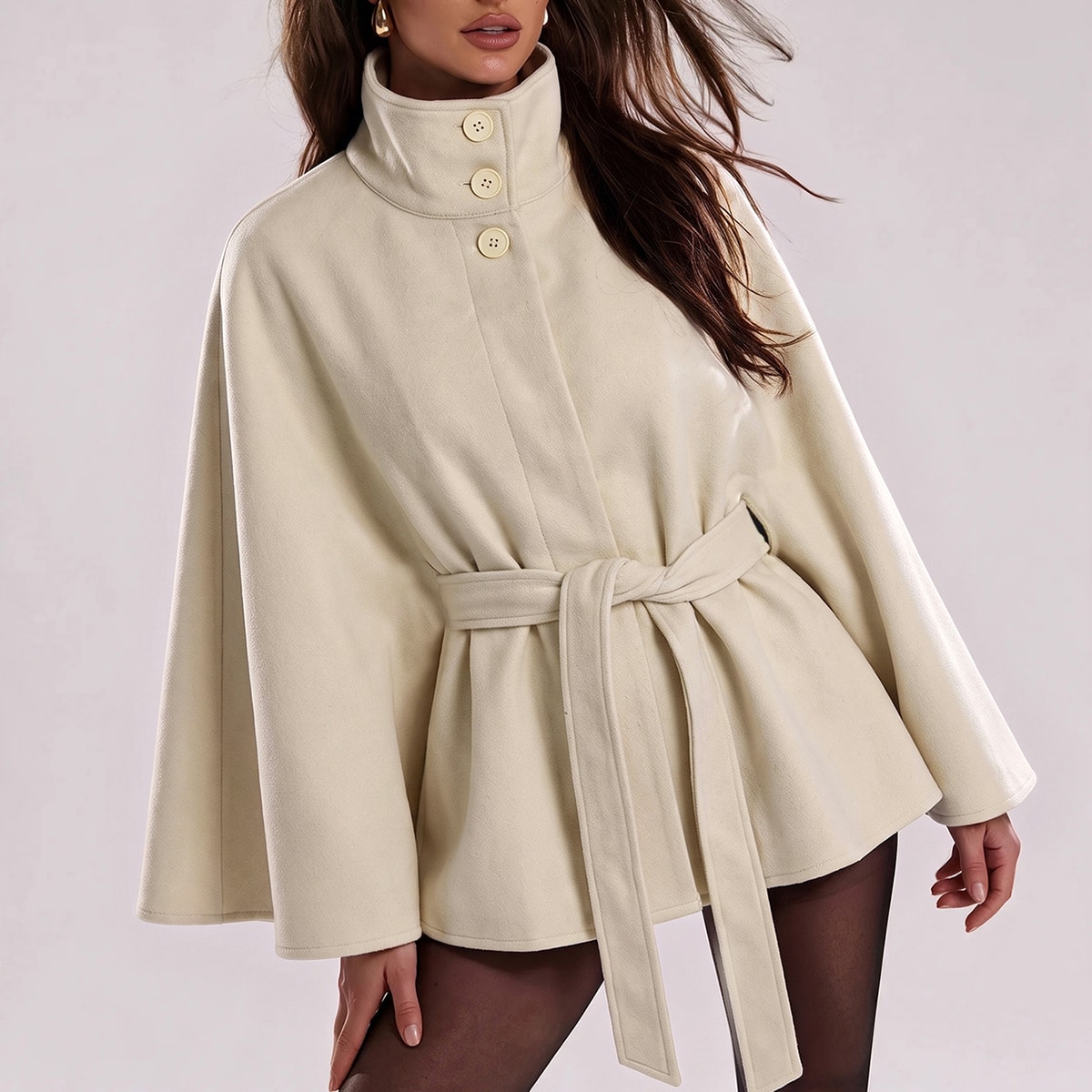 Women's Solid Color Batwing Sleeve Waist Tie Elegant Regular Jacket Dinner Night Cream White Autumn