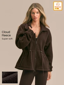 GLOWMODE Cozy Era Fleece Jacket With Cinched-Waist, Oversized Lapel & Front Pockets Outdoor Fall Winter Daily Casual Wear - Chocolate Brown - View 1