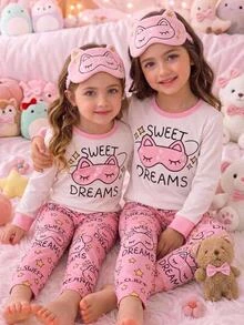 女童舒適對比色長袖圓領睡衣套裝，可愛卡通貓眼罩與「SWEET DREAMS」粉色星星圖案上衣，隨機 4 款發 1 套 - 白色 - 查看 3