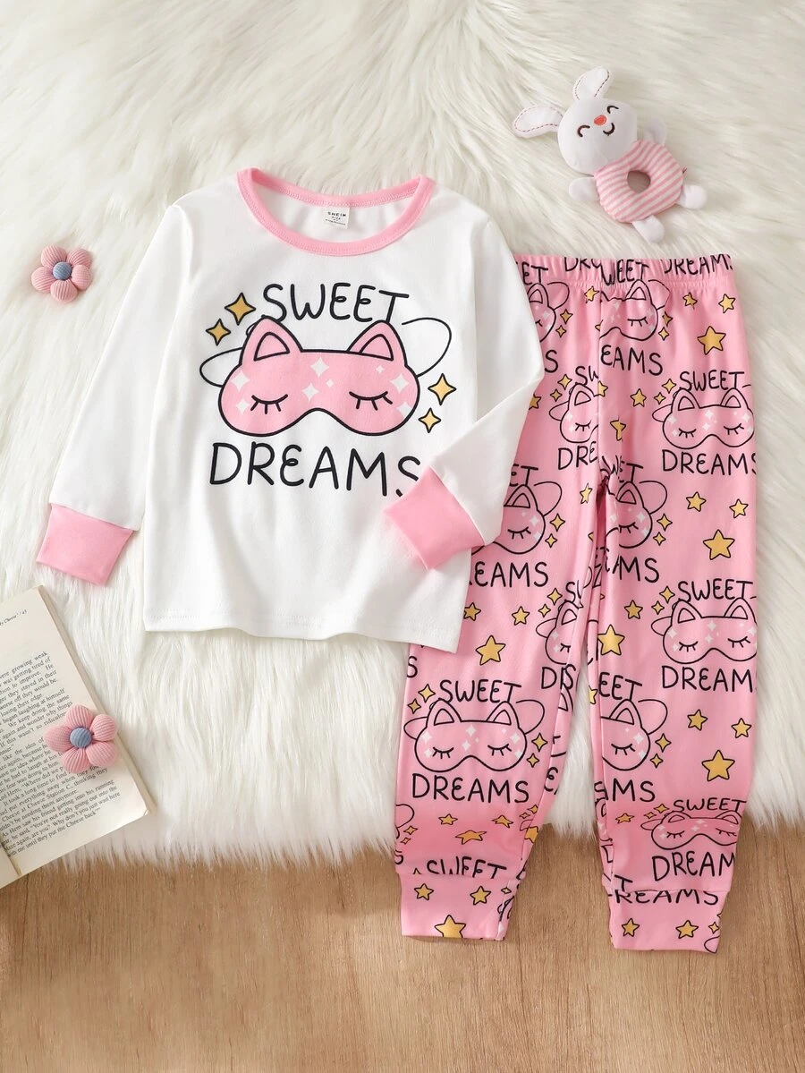 女童舒適對比色長袖圓領睡衣套裝,可愛卡通貓眼罩與「SWEET DREAMS」粉色星星圖案上衣,隨機 4 款發 1 套 - 白色 - 查看 1