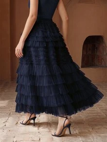 Anewsta Petite Spring/Autumn High Quality Petite Women's Gentle Fairy-Like Mesh Skirt, Elastic Waist Layered Cake Skirt, Slimming Mid-Length Skirt For Commute And Date - Navy Blue - View 7