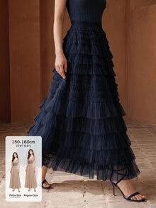 Anewsta Petite Spring/Autumn High Quality Petite Women's Gentle Fairy-Like Mesh Skirt, Elastic Waist Layered Cake Skirt, Slimming Mid-Length Skirt For Commute And Date - Navy Blue - View 1