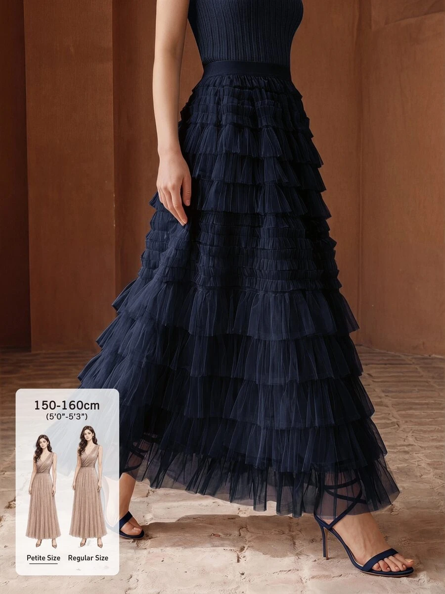 Anewsta Petite Spring/Autumn High Quality Petite Women's Gentle Fairy-Like Mesh Skirt, Elastic Waist Layered Cake Skirt, Slimming Mid-Length Skirt For Commute And Date - Navy Blue - View 1