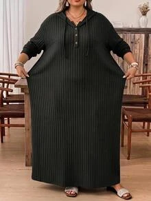 SHEIN CURVE+ 女款大尺碼 22W 連帽長洋裝，秋冬季 - 黑色 - 查看 6