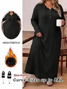 SHEIN CURVE+ 女款大尺碼 22W 連帽長洋裝，秋冬季 - 黑色 - 查看 1