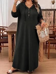 SHEIN CURVE+ 女款大尺碼 22W 連帽長洋裝，秋冬季 - 黑色 - 查看 4
