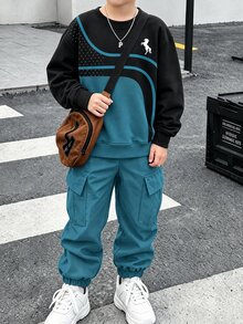 1套數位印花綠色上衣與綠色長褲，青少年男孩長袖運動衫與慢跑工裝褲套裝，休閒酷感 - 彩色 - 查看 1