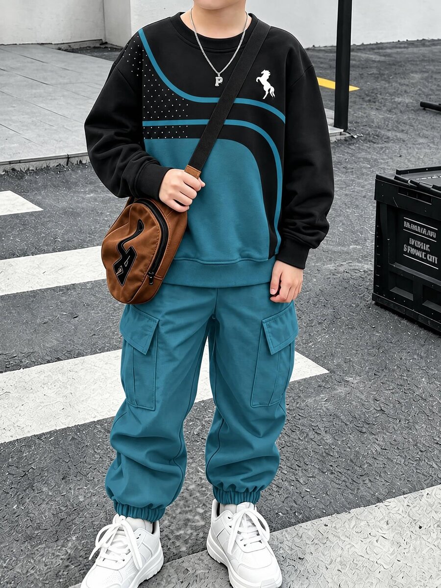 1套數位印花綠色上衣與綠色長褲,青少年男孩長袖運動衫與慢跑工裝褲套裝,休閒酷感 - 彩色 - 查看 1