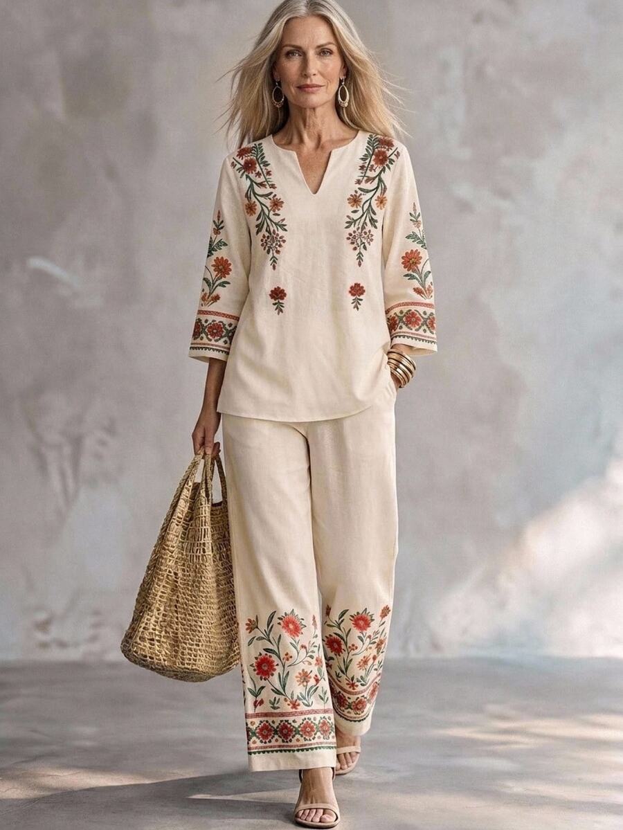 Miaspire Women's Autumn/Winter Printed V-Neck Long Sleeve Shirt & Long Pants 2 Pieces Set - Multicolor - View 1
