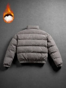 Manfinity Roghcode Men's Oversized Casual Brown Plaid Padded Coat, Y2K Retro Stand Collar Zipper Winter Coat, Loose Fit Suitable For Streetwear, Vacation Club - Khaki - View 2