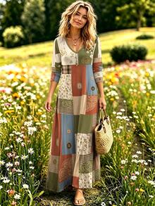 Selamara Bohemian Vintage Print Long-Sleeve Dress, V-Neck, Loose Flowy Vacation Maxi Dress - Multicolor - View 1