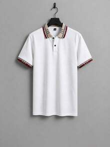Manfinity Homme 男士休閒百搭白色紋理深色圖案POLO衫，條紋對比色翻領短袖上衣 - 白色 - 查看 2