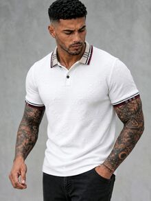 Manfinity Homme 男士休閒百搭白色紋理深色圖案POLO衫，條紋對比色翻領短袖上衣 - 白色 - 查看 5