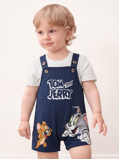 TOM & JERRY X SHEIN Baby Boy Cartoon Print Overall Romper