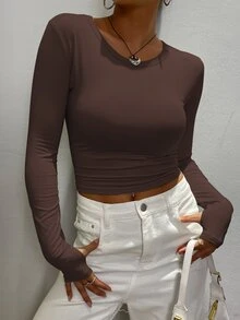 INAWLY Solva Women's Solid Color Round Neck Long Sleeve Fitted Casual T-Shirt - Coffee Brown - View 5