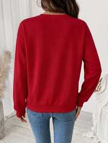 SHEIN LUNE 女款休閒極簡聖誕樹印花圓領長袖寬鬆加厚運動衫，適合秋冬，聖誕服飾 - 紅色 - 查看 2
