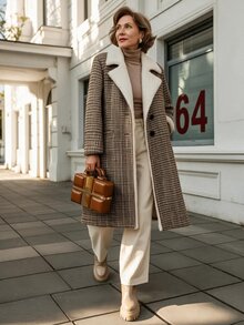 Offisola Women's Vintage Houndstooth Long Coat, Lapel Lambswool Patchwork Wool Jacket, Elegant Commuter Outerwear, Autumn/Winter - Khaki - View 1