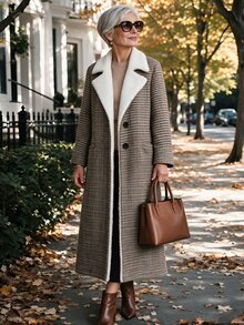 Offisola Women's Vintage Houndstooth Long Coat, Lapel Lambswool Patchwork Wool Jacket, Elegant Commuter Outerwear, Autumn/Winter - Khaki - View 7